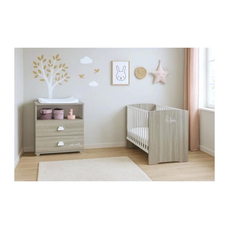 Chambre bébé complète - Lit 120x60 et commode à langer - BABY PRICE - SMILE - Chêne silex