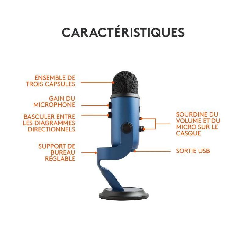 Microphone USB Premium LOGITECH G Yeti pour Enregistrement Streaming Gamer Podcast - Bleu