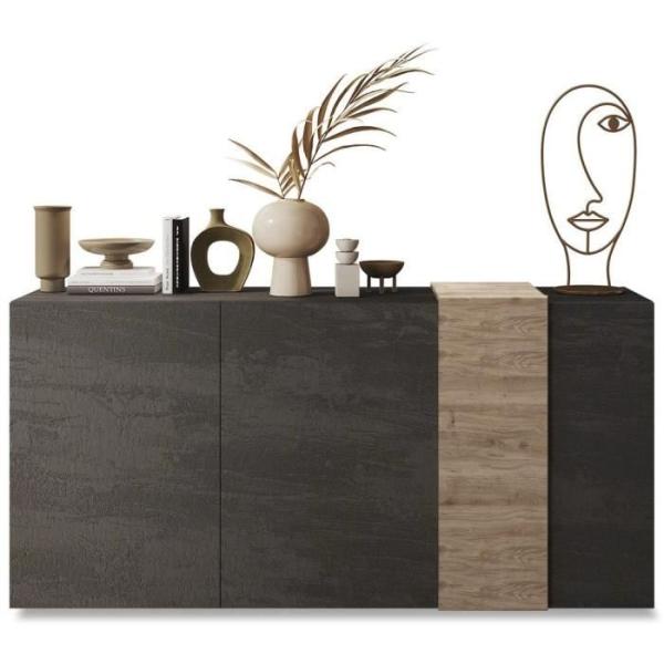 Buffet - VENEZIA - 3 portes - Gris titan mat - Chene Cadiz - 181 x 44 x 84 cm