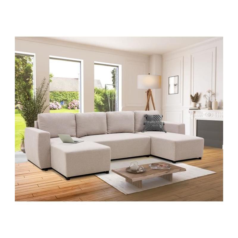 Canapé d'angle convertible panoramique PHARELL beige - 5/6 places, coffre de rangement