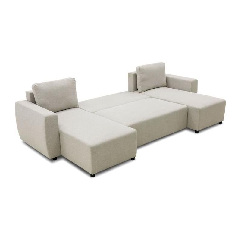 Canapé d'angle convertible panoramique PHARELL beige - 5/6 places, coffre de rangement