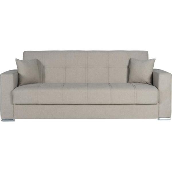 Canapé convertible 3 places - ALBA - Tissu beige - 2 coussins - Coffre de rangement - 226 x 85 x 92 cm
