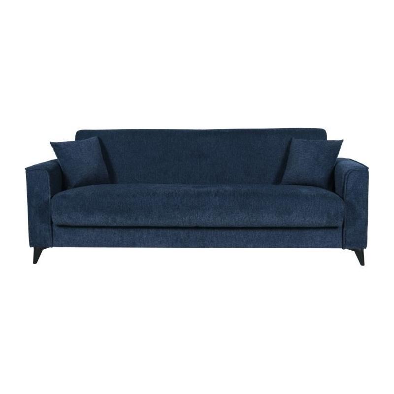 Canapé convertible 3 places BERGAMO bleu foncé - 2 coussins - coffre de rangement