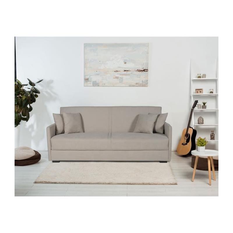 Canapé convertible 3 places BIANCA - Tissu beige - Coffre de rangement
