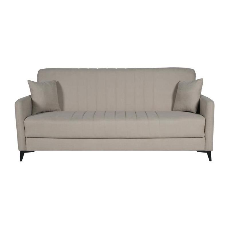 Canapé convertible 3 places ENZO beige - 2 coussins - Coffre rangement