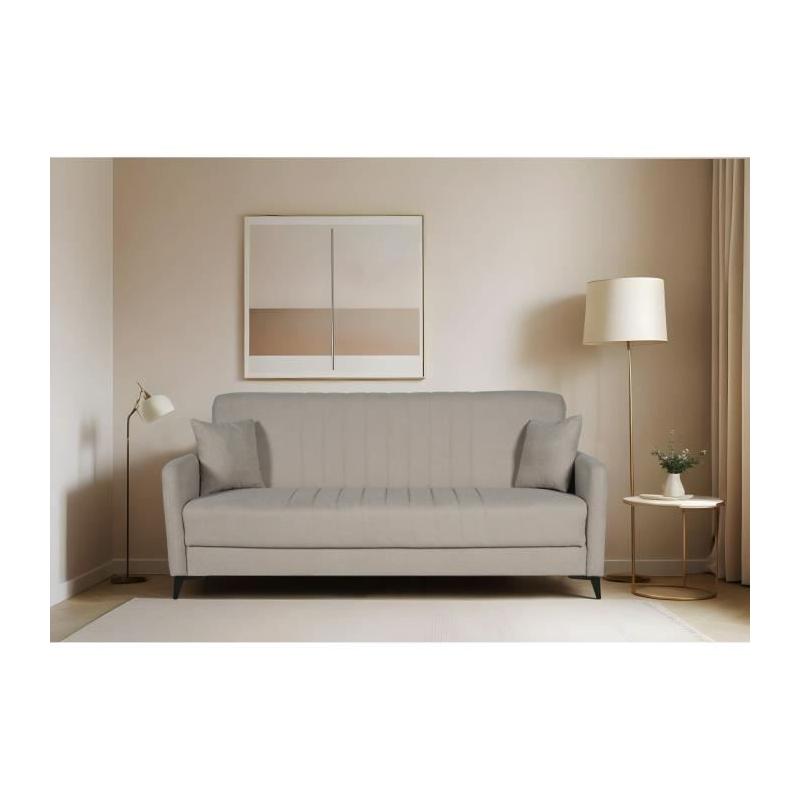 Canapé convertible 3 places ENZO beige - 2 coussins - Coffre rangement