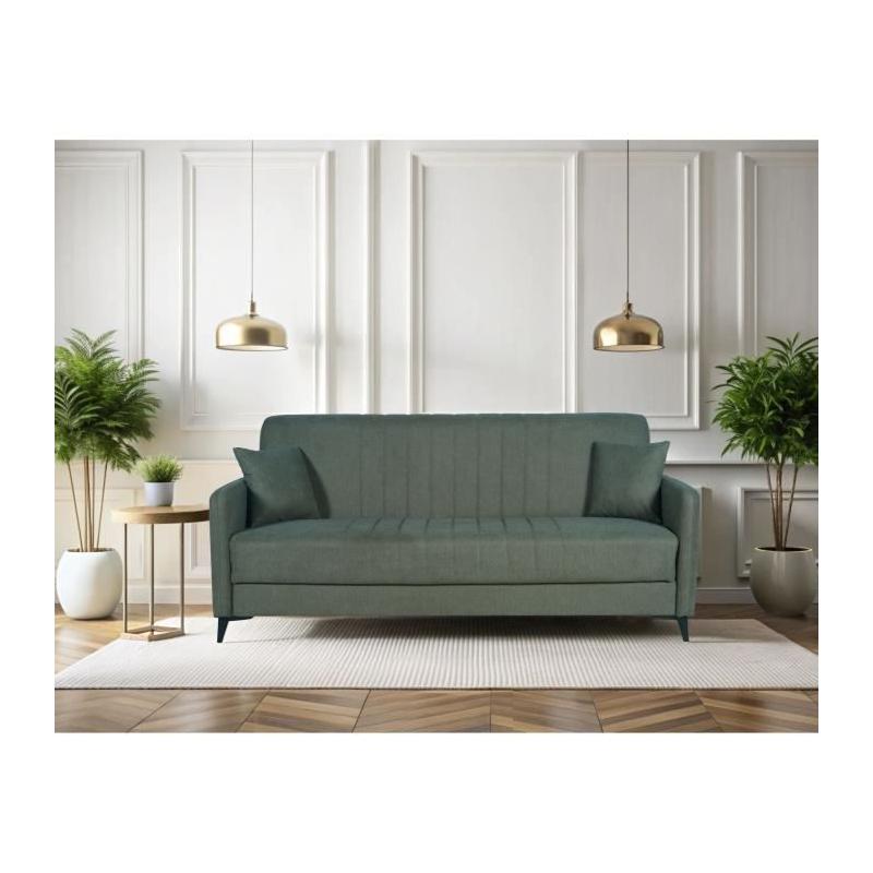 Canapé convertible 3 places ENZO - Tissu vert foncé - Coffre de rangement
