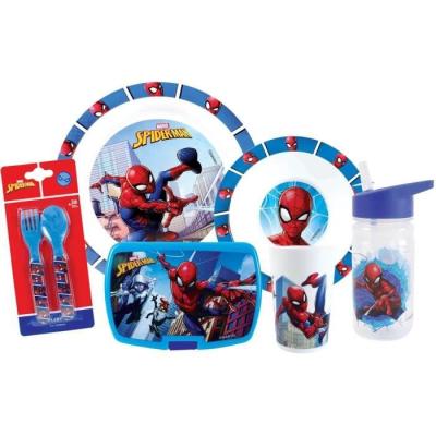 Lot vaisselle Spiderman - Assiette, verre, couverts, gourde et boite goûter