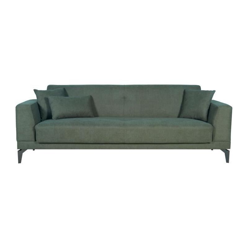 Canapé convertible 3 places HENRY - Tissu vert foncé - 3 coussins