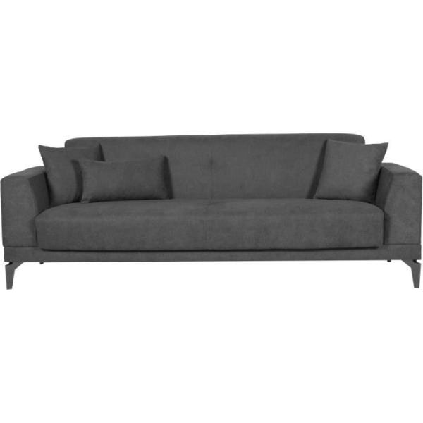Canapé convertible 3 places - HENRY - Tissu gris clair - 3 coussins - coffre de rangement - 234 x 85 x 84 cm