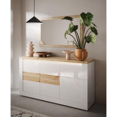 Buffet élégant IMOLA Blanc laqué/Chêne Clair LED - 160 x 43 x 88 cm