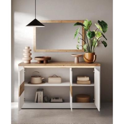 Buffet élégant IMOLA Blanc laqué/Chêne Clair LED - 160 x 43 x 88 cm