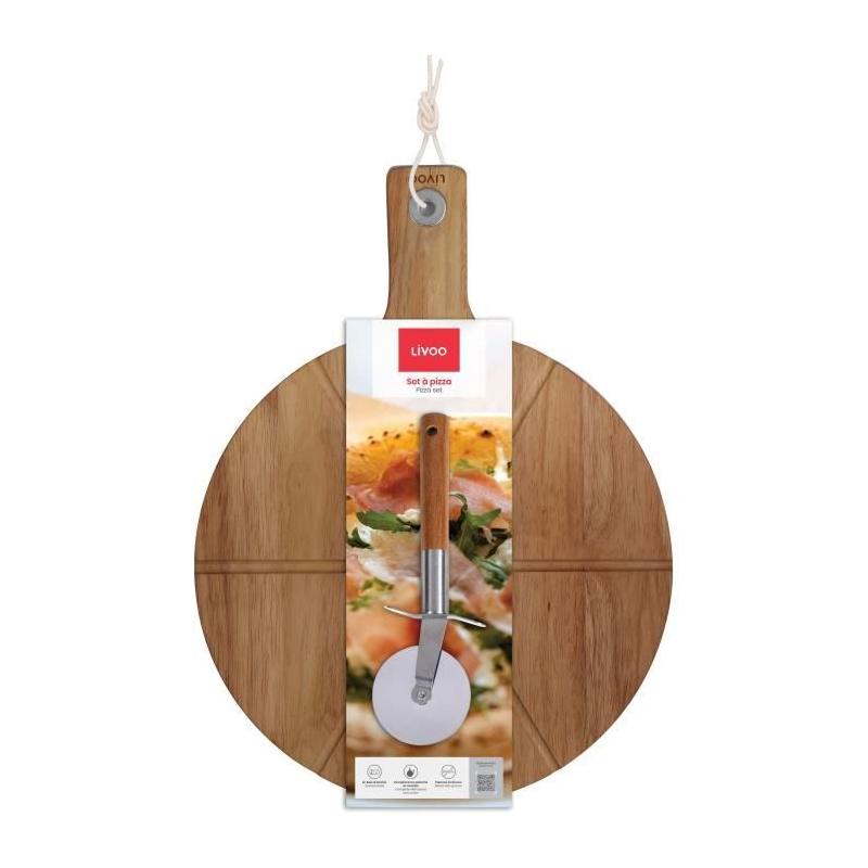 Ensemble pizza LIVOO - Bois acacia - Roulette inclus - 30 x 45 cm