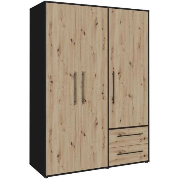 Armoire de chambre - MOKKARIS - Chene Artisan / Noir - 3 portes - 144,4 x 58,8 x 200,1 cm