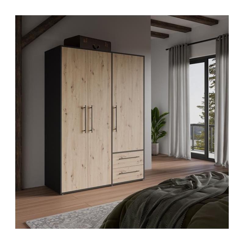Armoire de chambre élégante - Chene Artisan / Noir - 3 portes
