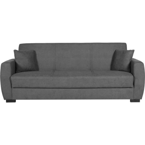 Canapé convertible 3 places - OSCAR - Tissu gris clair - 2 coussins - Coffre de rangement - 226 x 84 x 92 cm