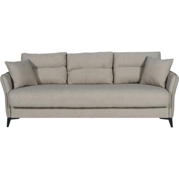 Canapé convertible 3 places - OTTOWA - Tissu beige - 2 coussins - Coffre de rangement - 217 x 92 x 85 cm