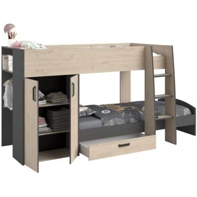 Lits superposés enfant avec rangements - Parisot - Décor Chêne Jackson et Gris Ombre