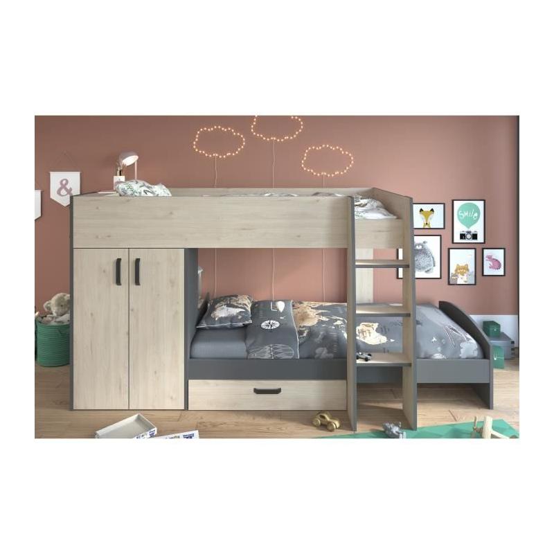 Lits superposés enfant avec rangements - Parisot - Décor Chêne Jackson et Gris Ombre
