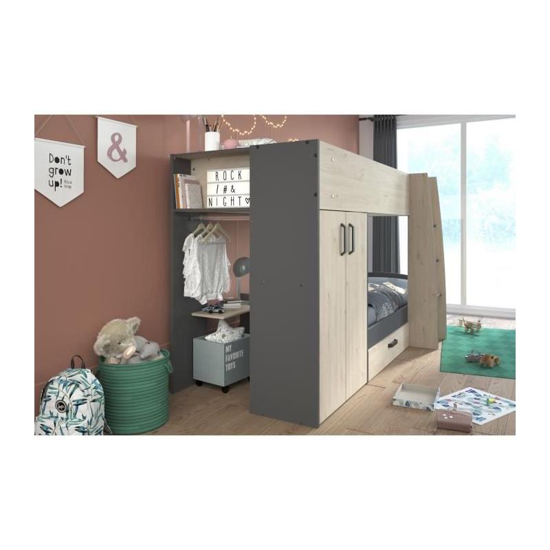 Lits superposés enfant avec rangements - Parisot - Décor Chêne Jackson et Gris Ombre