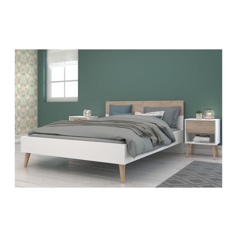 Ensemble Lit 140 x 190 cm + 2 chevets - Style Scandinave - Blanc / Chene