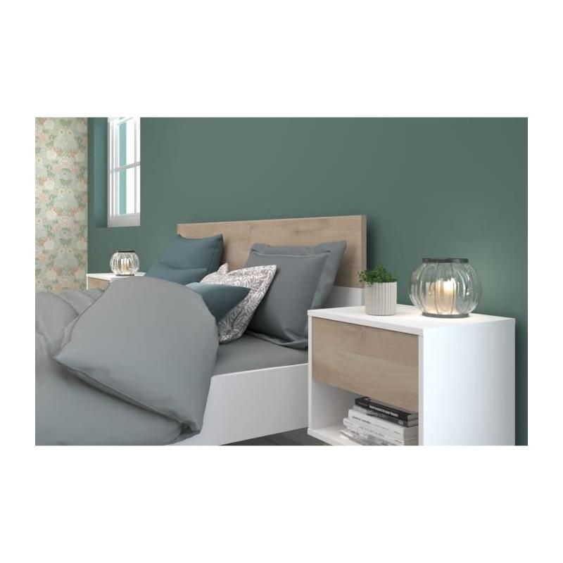 Ensemble Lit 140 x 190 cm + 2 chevets - Style Scandinave - Blanc / Chene