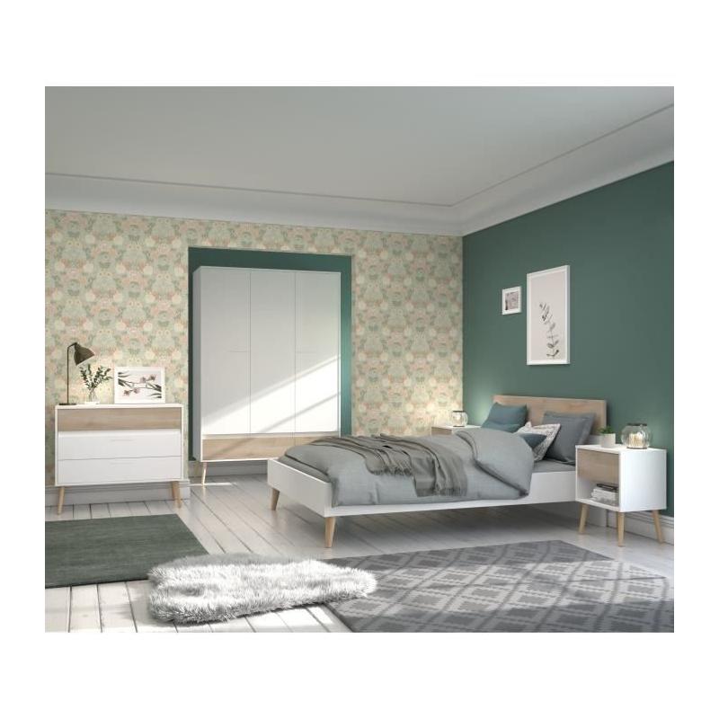 Ensemble Lit 140 x 190 cm + 2 chevets - Style Scandinave - Blanc / Chene
