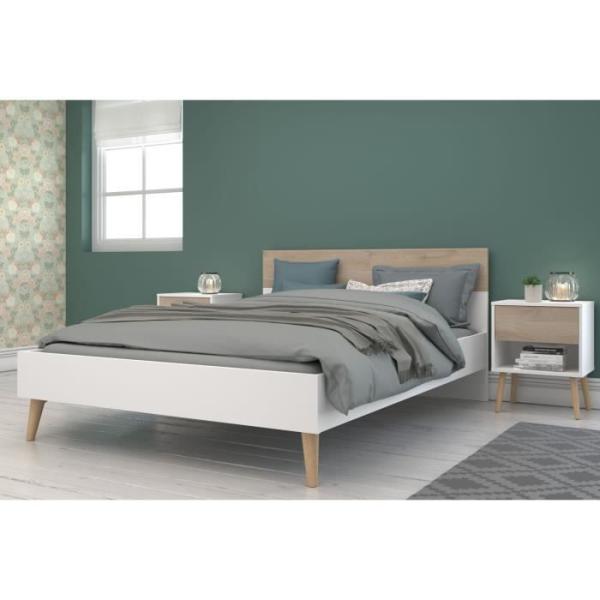Ensemble Lit 160 x 200 cm + 2 chevets - AALBORG - Scandinave - Blanc / Chene - PARISOT