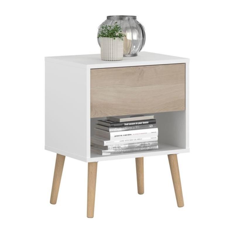 Ensemble Lit 160x200cm + 2 chevets AALBORG - Style Scandinave - Blanc/Chêne