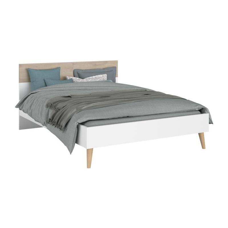Chambre complète Scandinave Blanc / Chene - Lit 140 x 190 cm, 2 chevets, commode, armoire