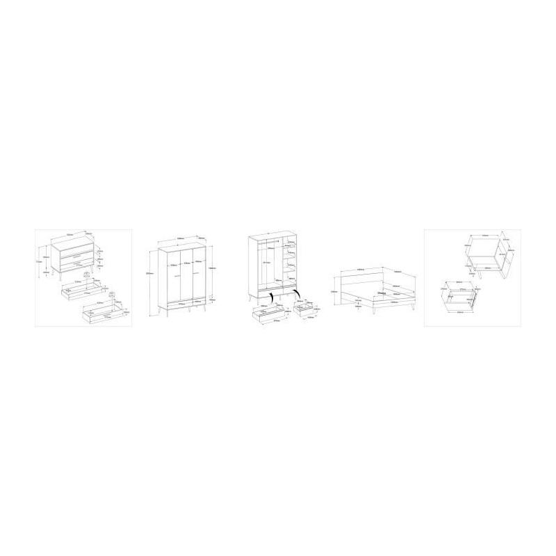 Chambre complète Scandinave Blanc / Chene - Lit 140 x 190 cm, 2 chevets, commode, armoire