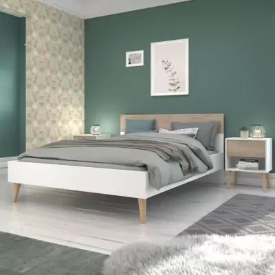 Lit adulte AALBORG 140x190 cm Blanc/Chêne - PARISOT