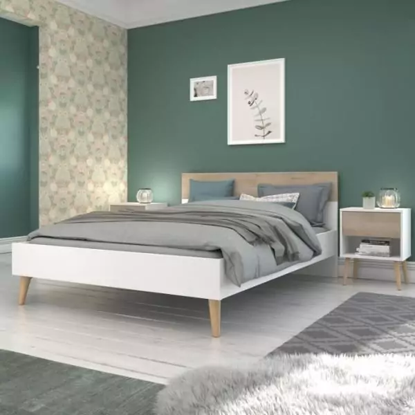 AALBORG Lit adulte 140x190 cm - Style Scandinave - Fabrication Française - Blanc et Chene