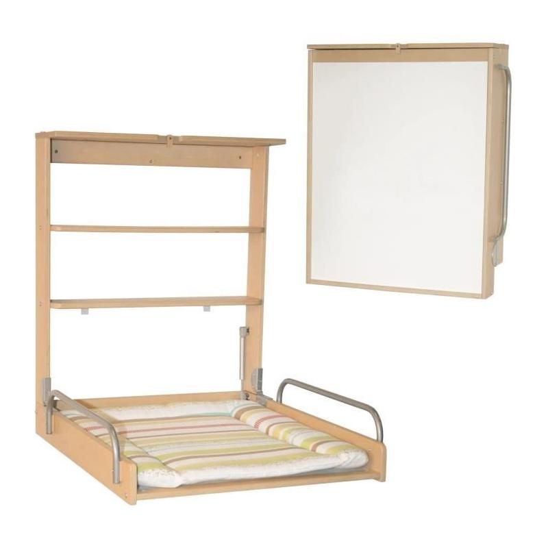 Table à langer murale rabattable - ROBA DSCHUNGELBABY - Matelas rayé multicolore - Bois Naturel