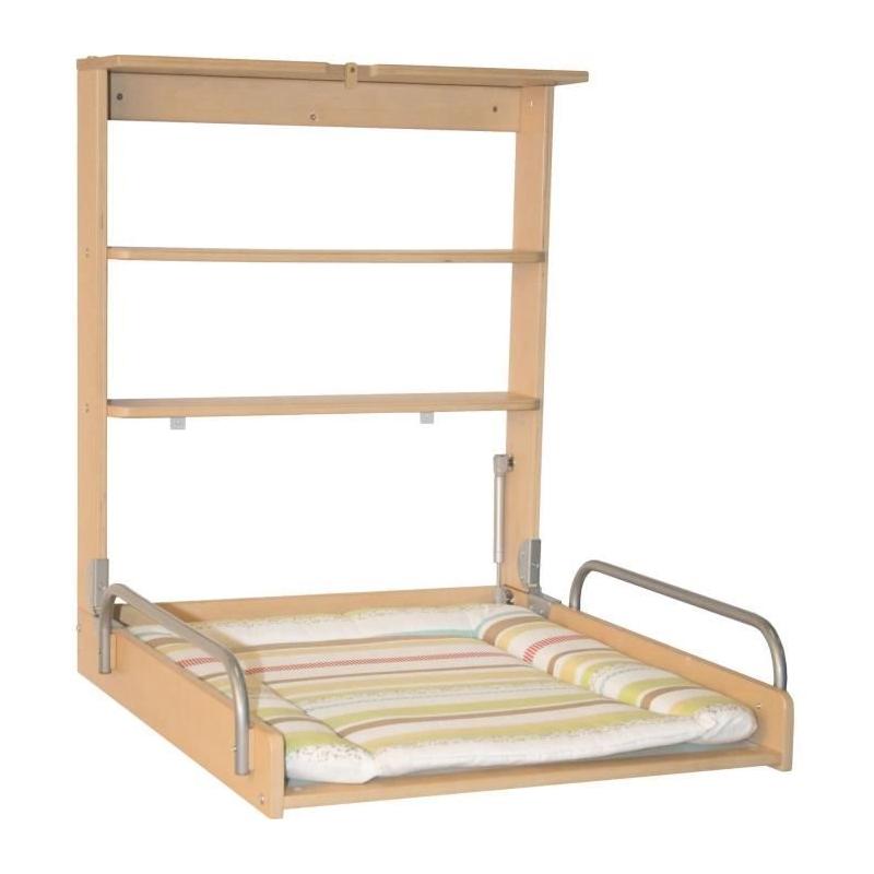 Table à langer murale rabattable - ROBA DSCHUNGELBABY - Matelas rayé multicolore - Bois Naturel