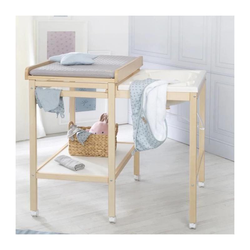 Table à langer et baignoire coulissante - ROBA - Gris tendance - Matelas déperlant - Bois Natu