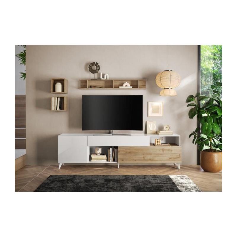 Meuble Tv MONTECARLO XXL - Design moderne - Blanc laqué / Chene Cadiz