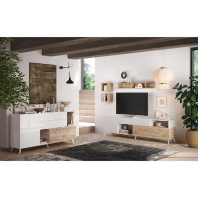 Meuble Tv MONTECARLO XXL - Design moderne - Blanc laqué / Chene Cadiz