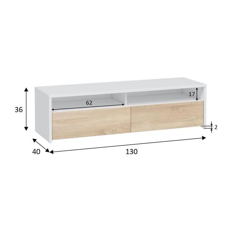 Meuble TV KIOTO - Blanc/Chêne - 2 portes - 130cm