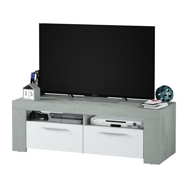 Meuble TV AMBIT: Design béton/blanc, 2 portes - 2 niches