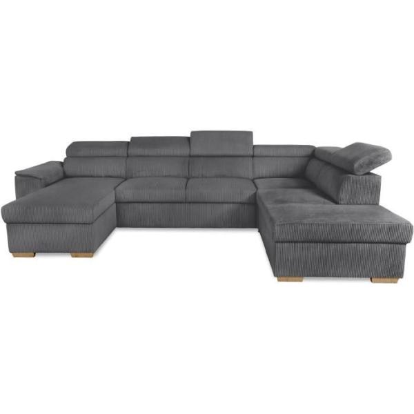 Canapé d'angle convertible panoramique 5 a 6 places DAYTONA - Tissu Lincoln anthracite - Avec coffre - L 326 x H 94 x P 216 cm