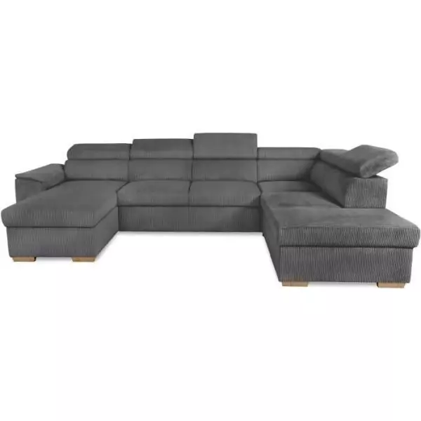Canapé d'angle convertible panoramique 5 a 6 places DAYTONA - Tissu Lincoln anthracite - Avec coffre - L 326 x H 94 x P 216 cm