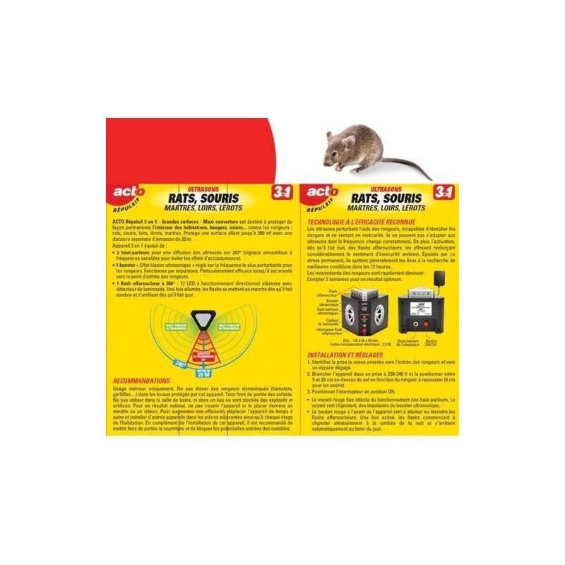 Répulsif ultrasons ACTO 3 en 1 - Maxi couverture - 300m² - Anti-Nuisibles