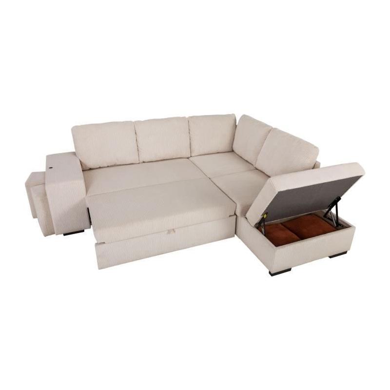 Canapé d'angle convertible réversible - MITCHELL - Tissu velours côtelé Pearl - Coffre, Poufs