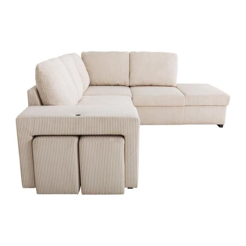 Canapé d'angle convertible réversible - MITCHELL - Tissu velours côtelé Pearl - Coffre, Poufs