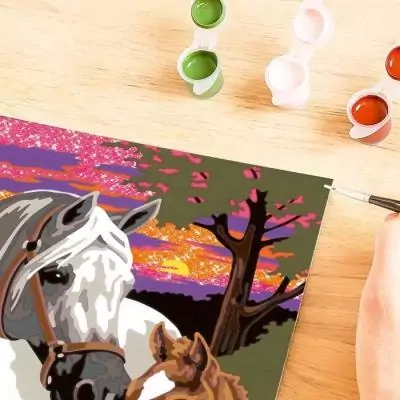 Peinture par numéros pour enfants : Chevaux au coucher du soleil