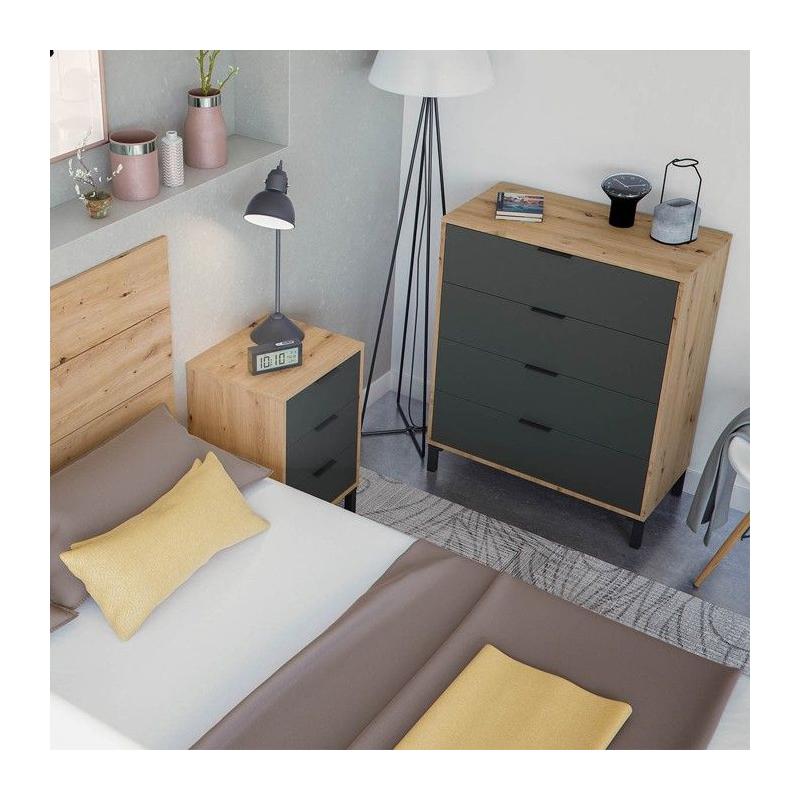 CALICOSY - Commode 4 tiroirs décor chene noueux et gris anthracite - L77,5 cm - Bois clair