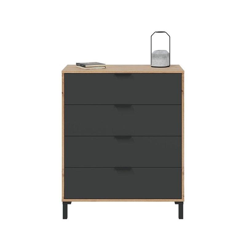 CALICOSY - Commode 4 tiroirs décor chene noueux et gris anthracite - L77,5 cm - Bois clair