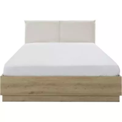Lit coffre moderne avec tête de lit textile - TIDY 140x190cm - Chêne/Ecru