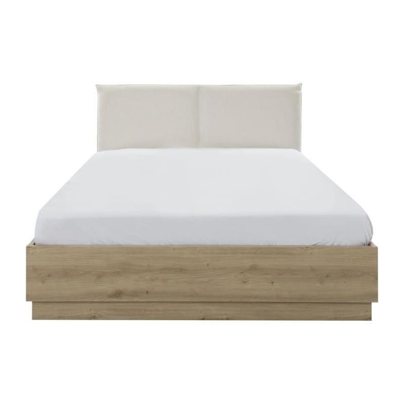 Lit coffre moderne avec tête de lit textile - TIDY 140x190cm - Chêne/Ecru